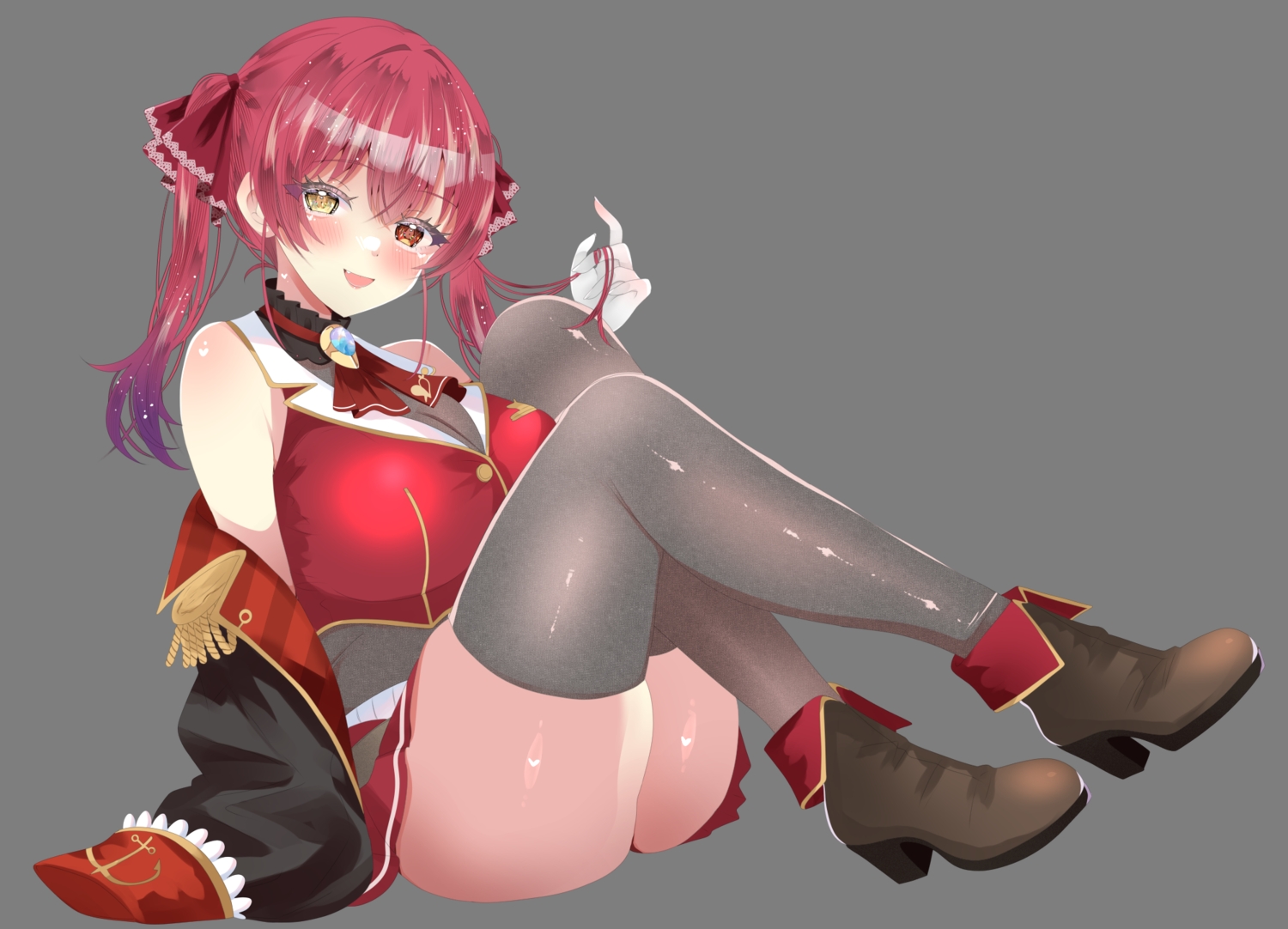blush, fang, gloves, hololive, houshou_marine, long_hair, red_hair, rota_kokko