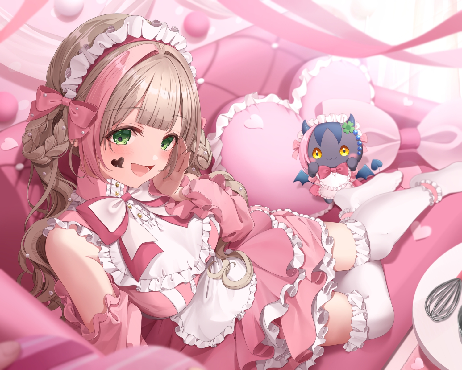 amano_mano, apron, blush, bow, braids, brown_hair, couch, green_eyes