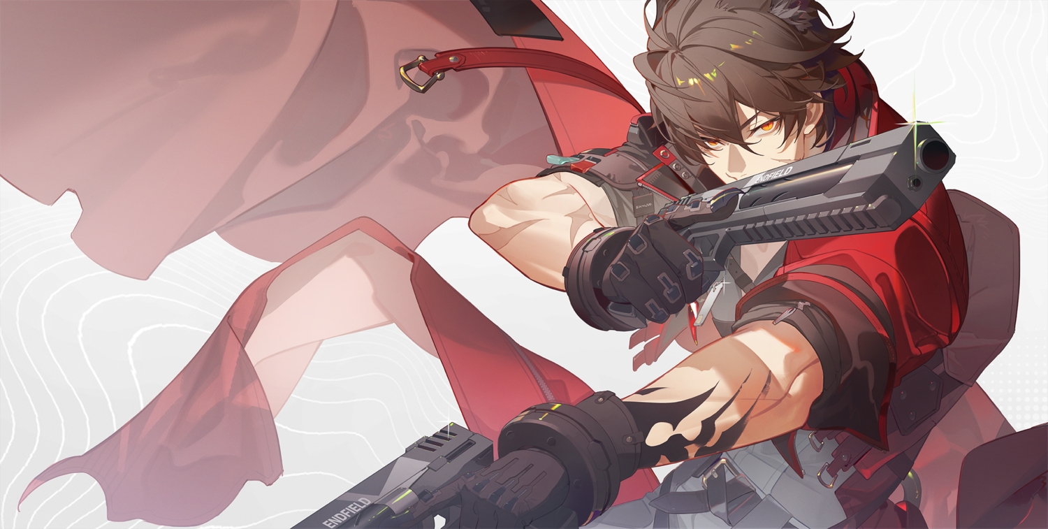 all_male, arknights, arknights:_endfield, brown_hair, gloves, gun, male, munosuke