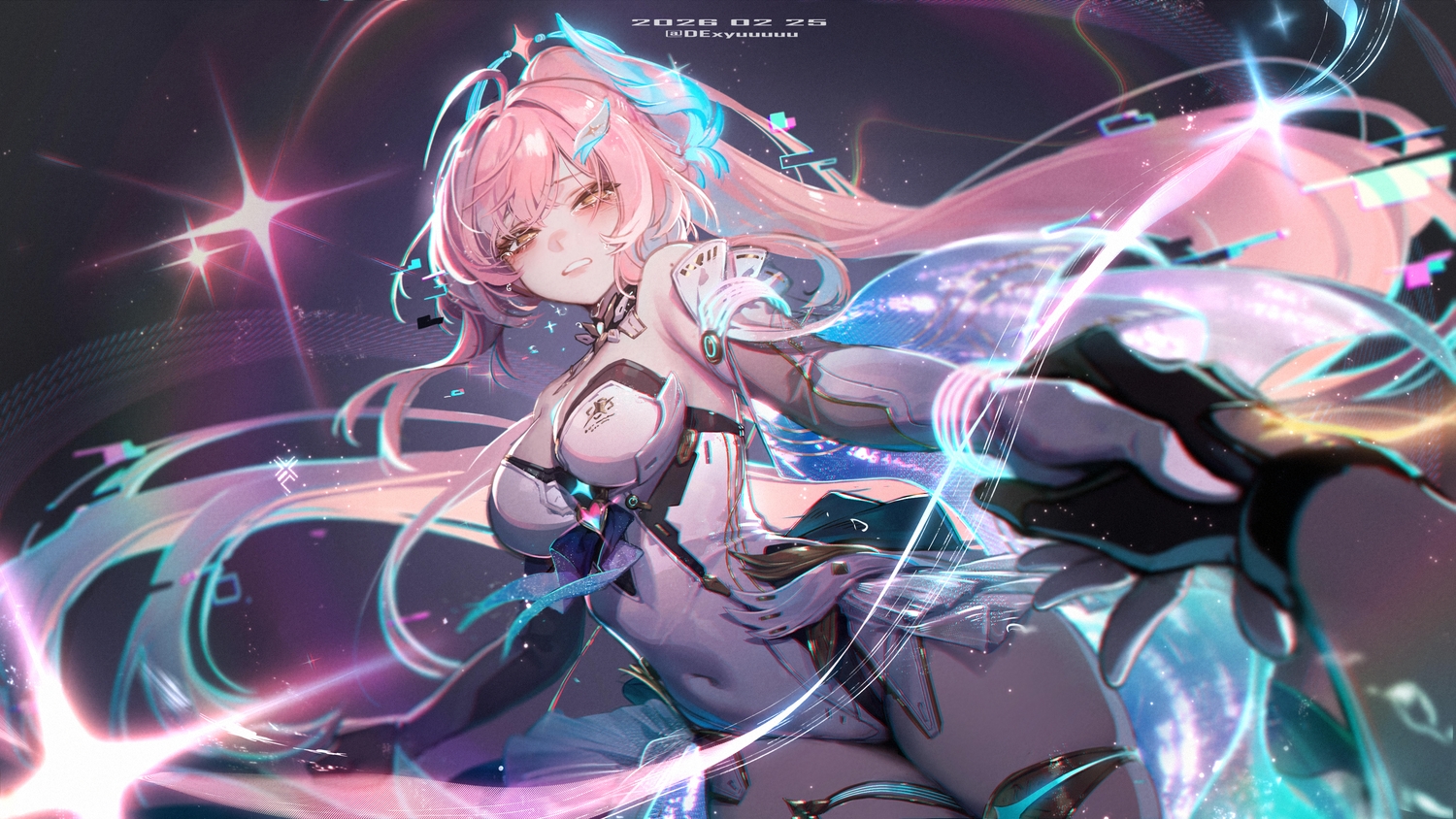 aemeath_(wuthering_waves), blush, brown_eyes, de_da_xianyu, elbow_gloves, garter, gloves, long_hair