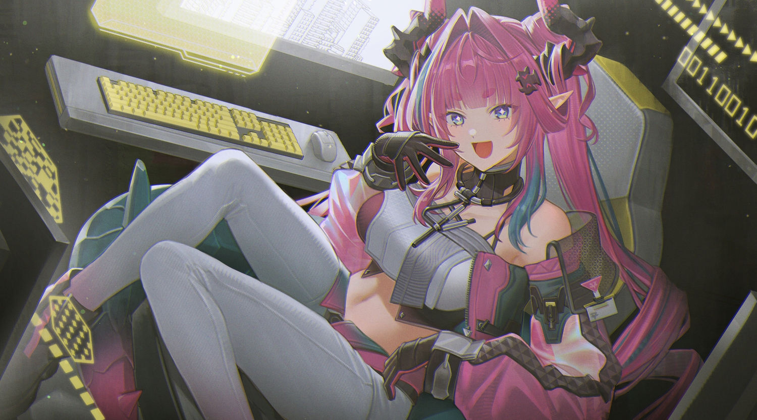 arknights, arknights:_endfield, computer, gloves, horns, long_hair, navel, pink_hair, pointed_ears, shiyano, twintails, yvonne_(arknights)