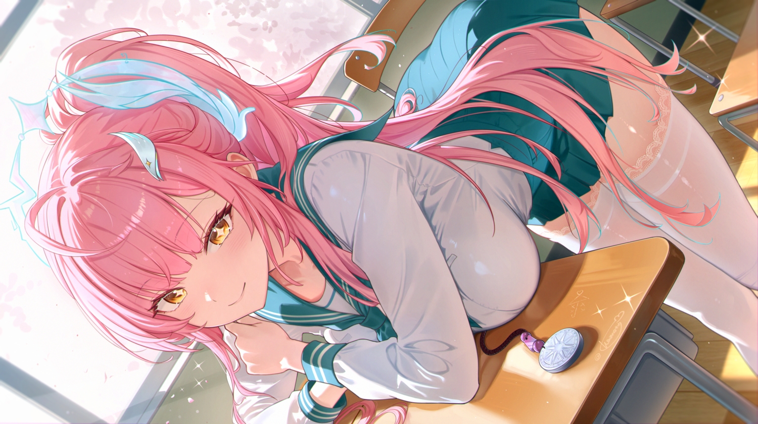 aemeath_(wuthering_waves), blush, close, kamory, long_hair, pink_hair, ponytail, school_uniform, shirt, skirt, thighhighs, wuthering_waves, yellow_eyes, zettai_ryouiki