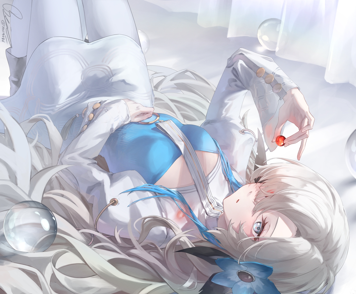 blue_eyes, blush, cherry, dress, food, fruit, gray_hair, isekaijoucho, kamitsubaki_studio, long_hair, pantyhose, rei_(9086), signed