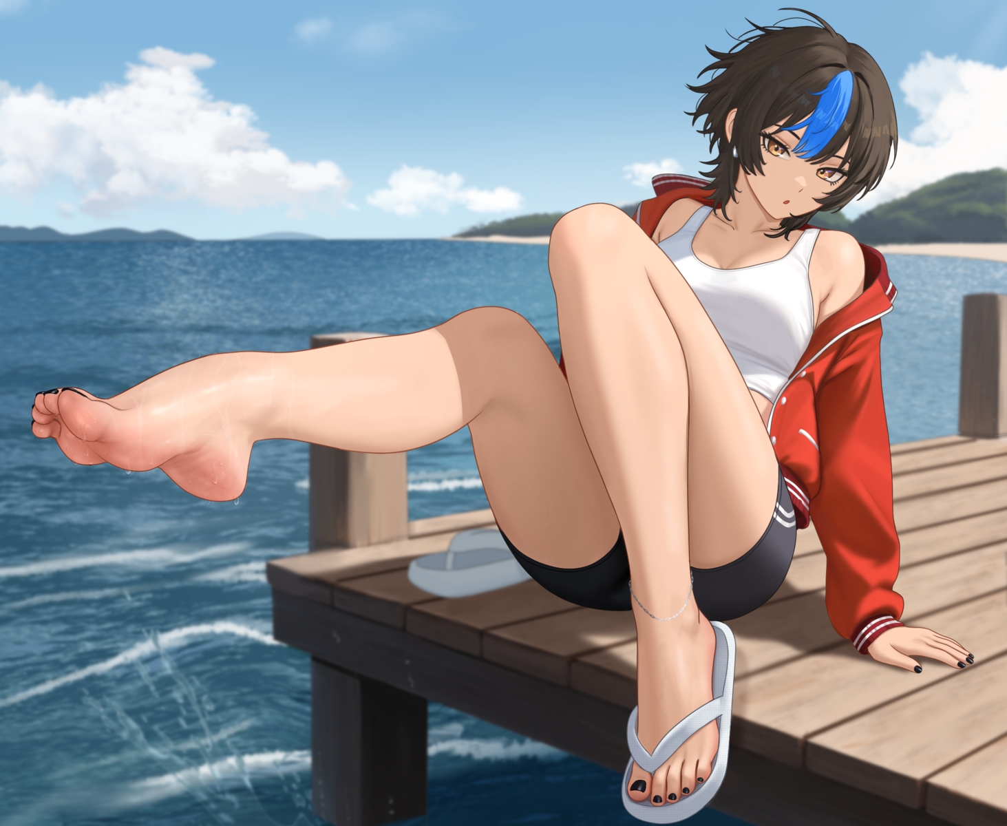 barefoot, brown_eyes, brown_hair, clouds, cropped, nihu, original, shiragi_(nihu)