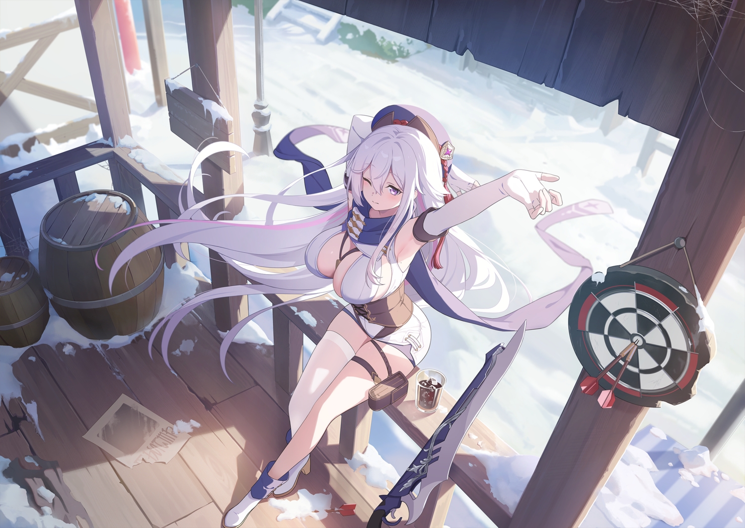 blush, breasts, cleavage, corset, elbow_gloves, game_cg, garter, gloves