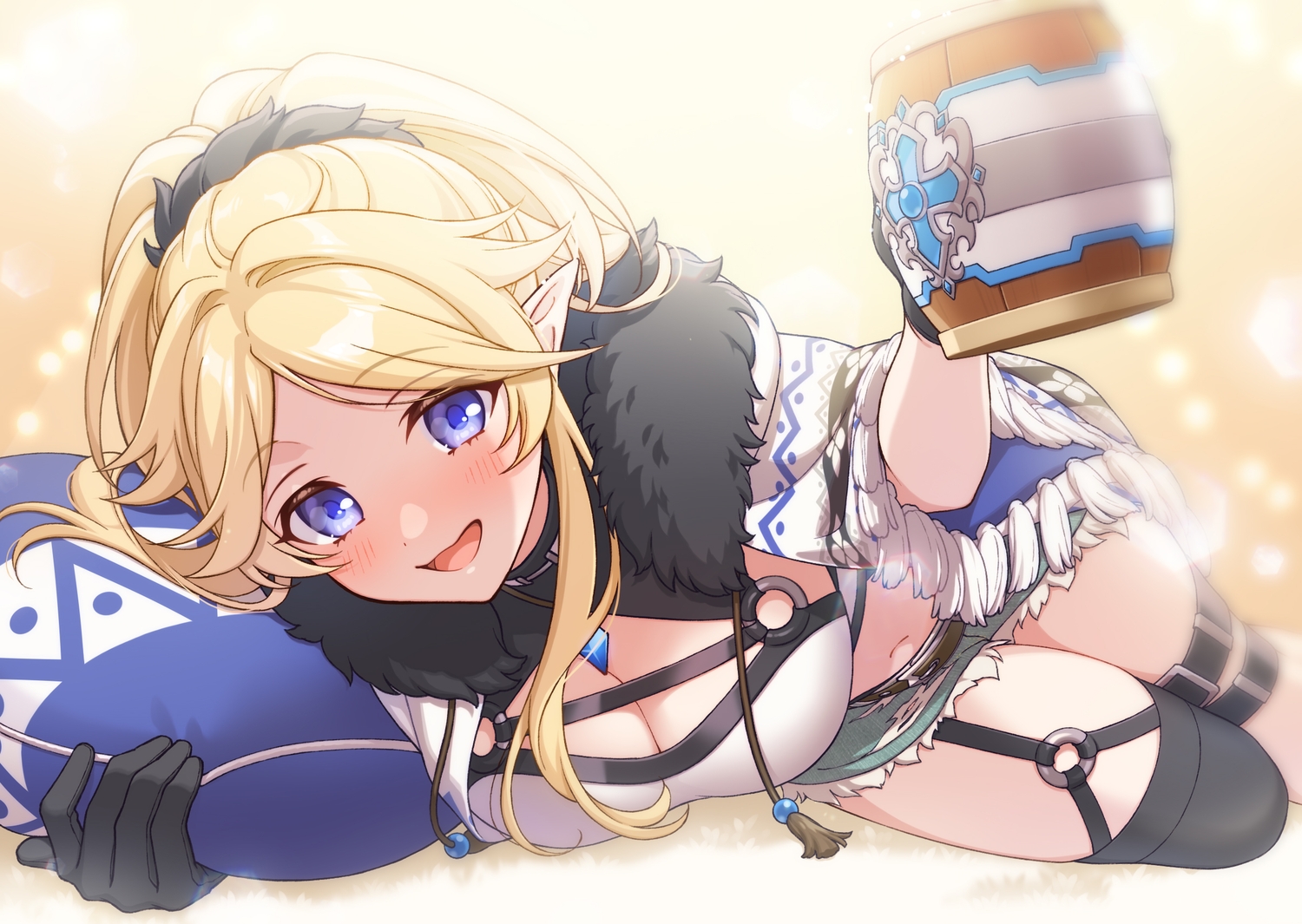 ayase_yukari, blonde_hair, blush, breasts, cleavage, drink, garter, gloves