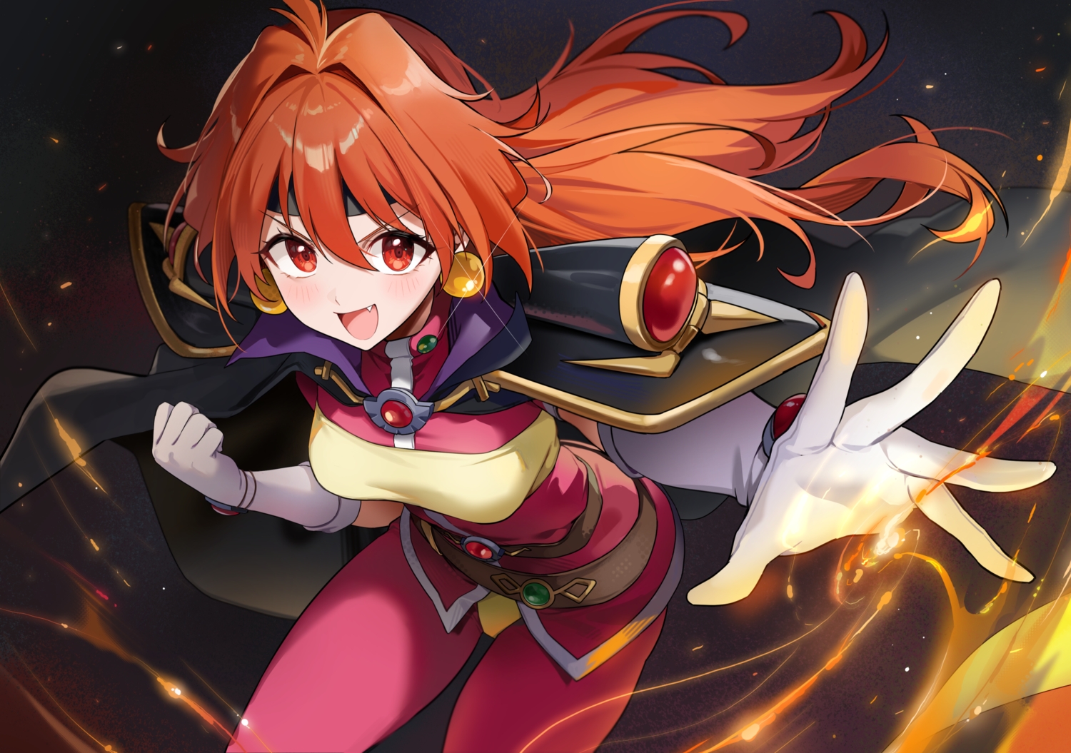 armor, blush, cape, elbow_gloves, fang, fire, gijang, gloves