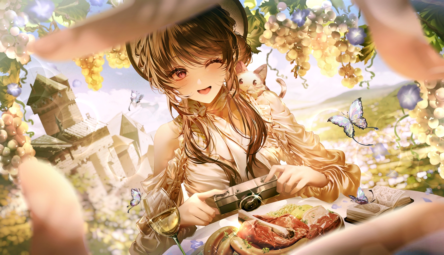 animal, blush, book, brown_hair, building, butterfly, camera, cat
