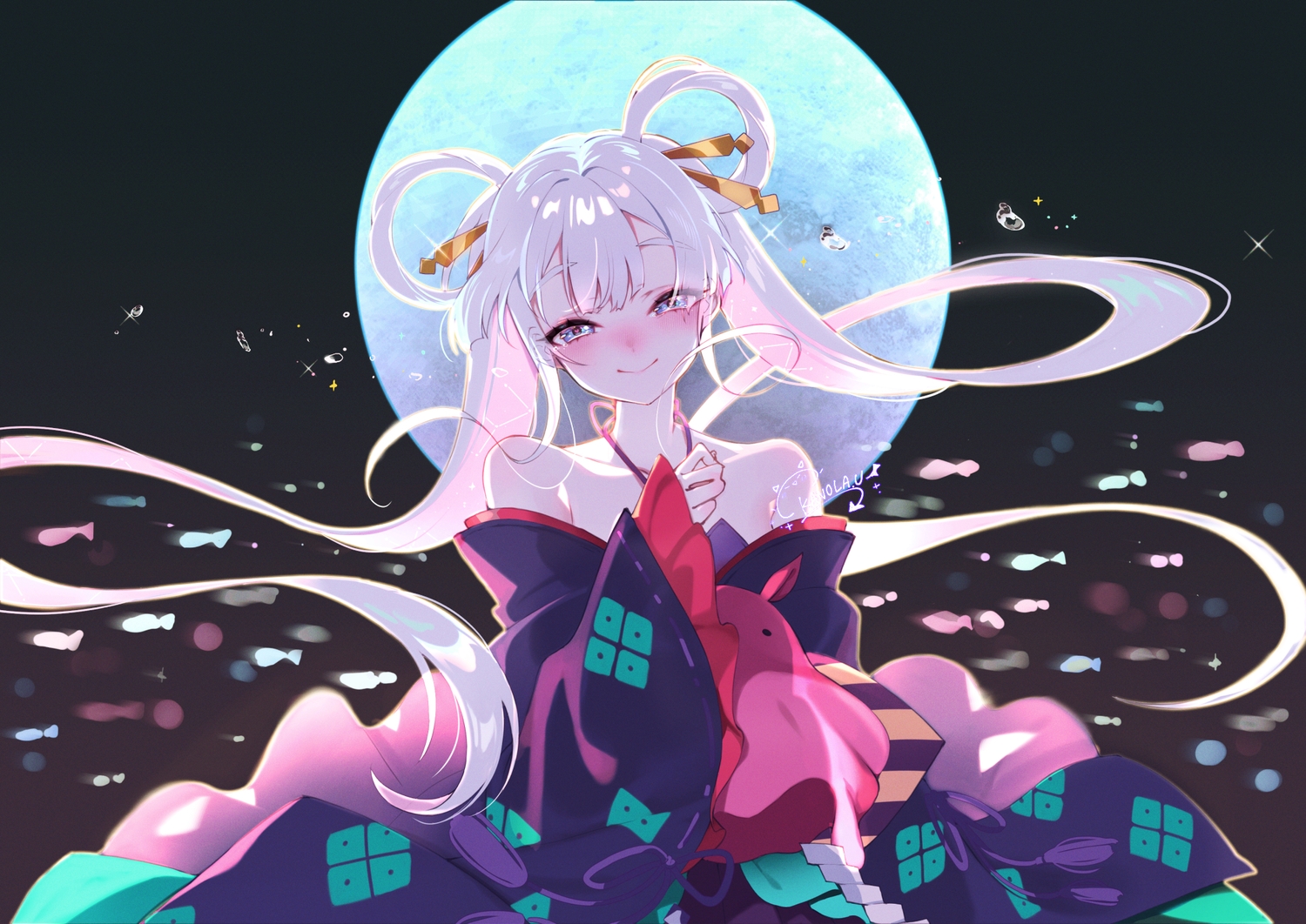 blue_eyes, blush, cho_kaguya-hime!, close, gray_hair, japanese_clothes, kanola_u, long_hair