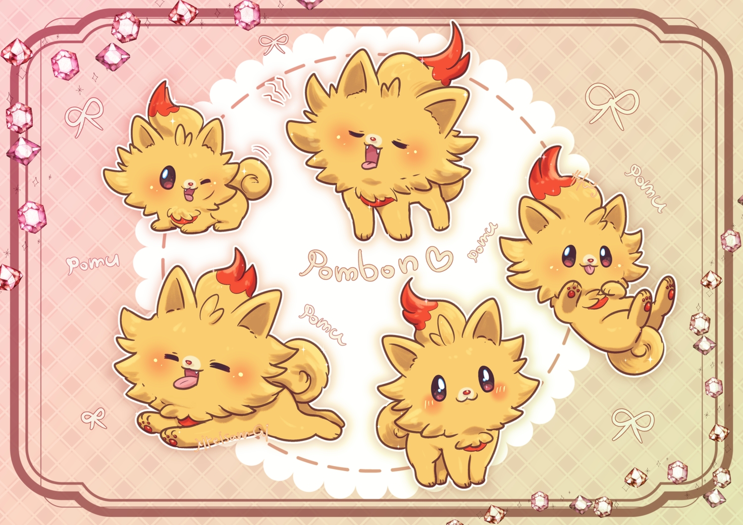animal, blush, cat_smile, dog, fang, gigii2810, no_humans, pokemon, pombon, red_eyes, wink
