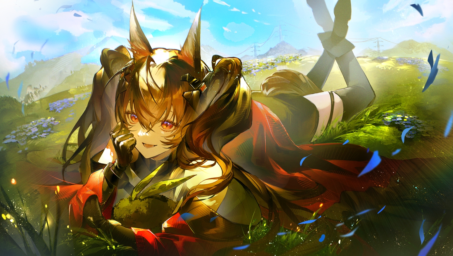 angelina_(arknights), arknights, arknights:_endfield, brown_eyes, brown_hair, clouds, flowers, foxgirl