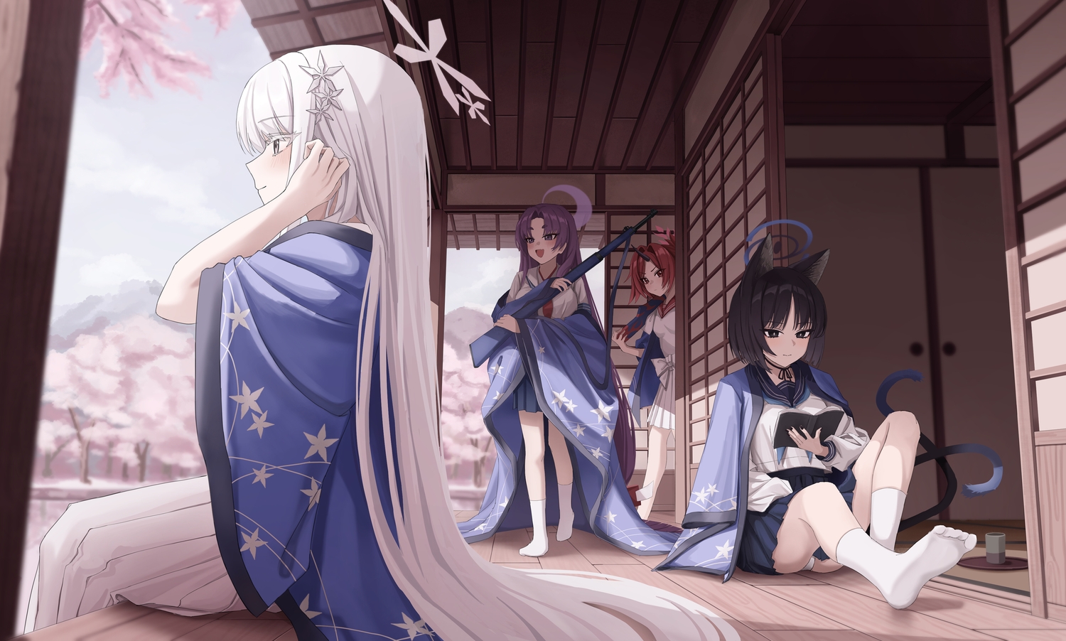 animal_ears, black_eyes, black_hair, blue_archive, book, catgirl, doumu_(31678316), fuwa_renge