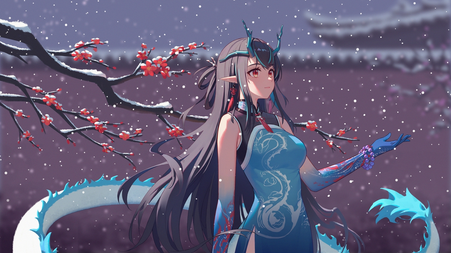 arknights, brown_hair, building, chinese_clothes, chinese_dress, dhsl, dress, dusk_(arknights)