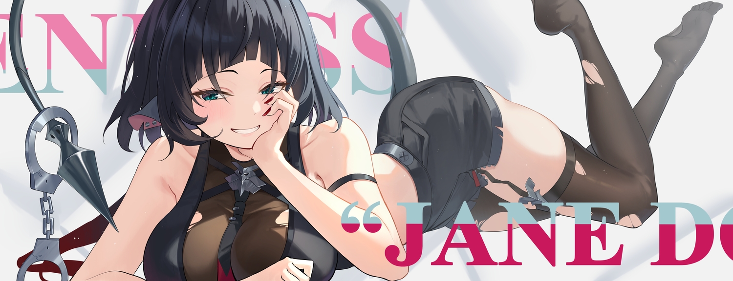 animal_ears, aqua_eyes, black_hair, blush, breasts, garter_belt, jane_doe_(zenless_zone_zero), kimae