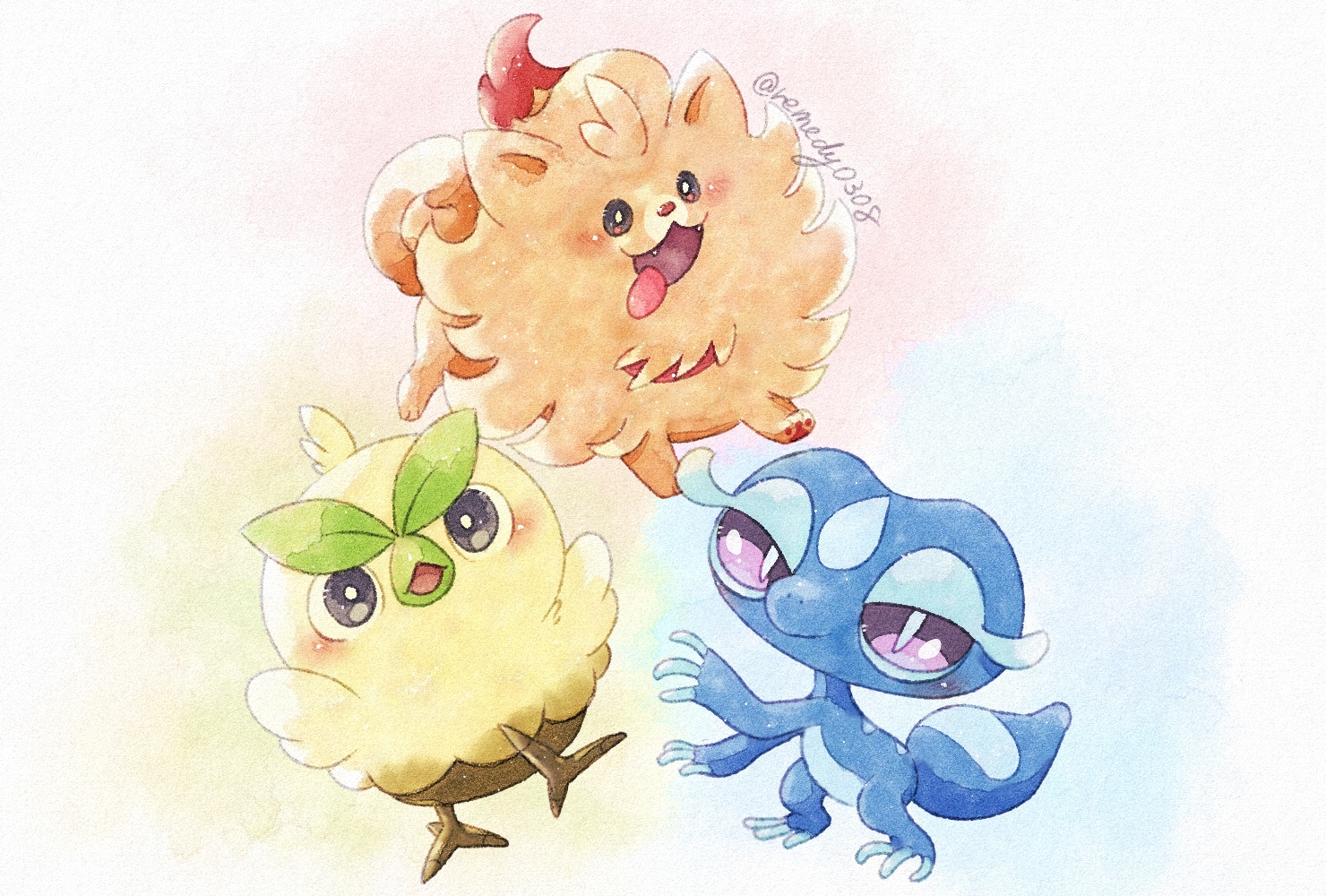 animal, bird, black_eyes, browt, cat_smile, dog, fang, gecqua, no_humans, pokemon, pombon, purple_eyes, remedy_matome, signed