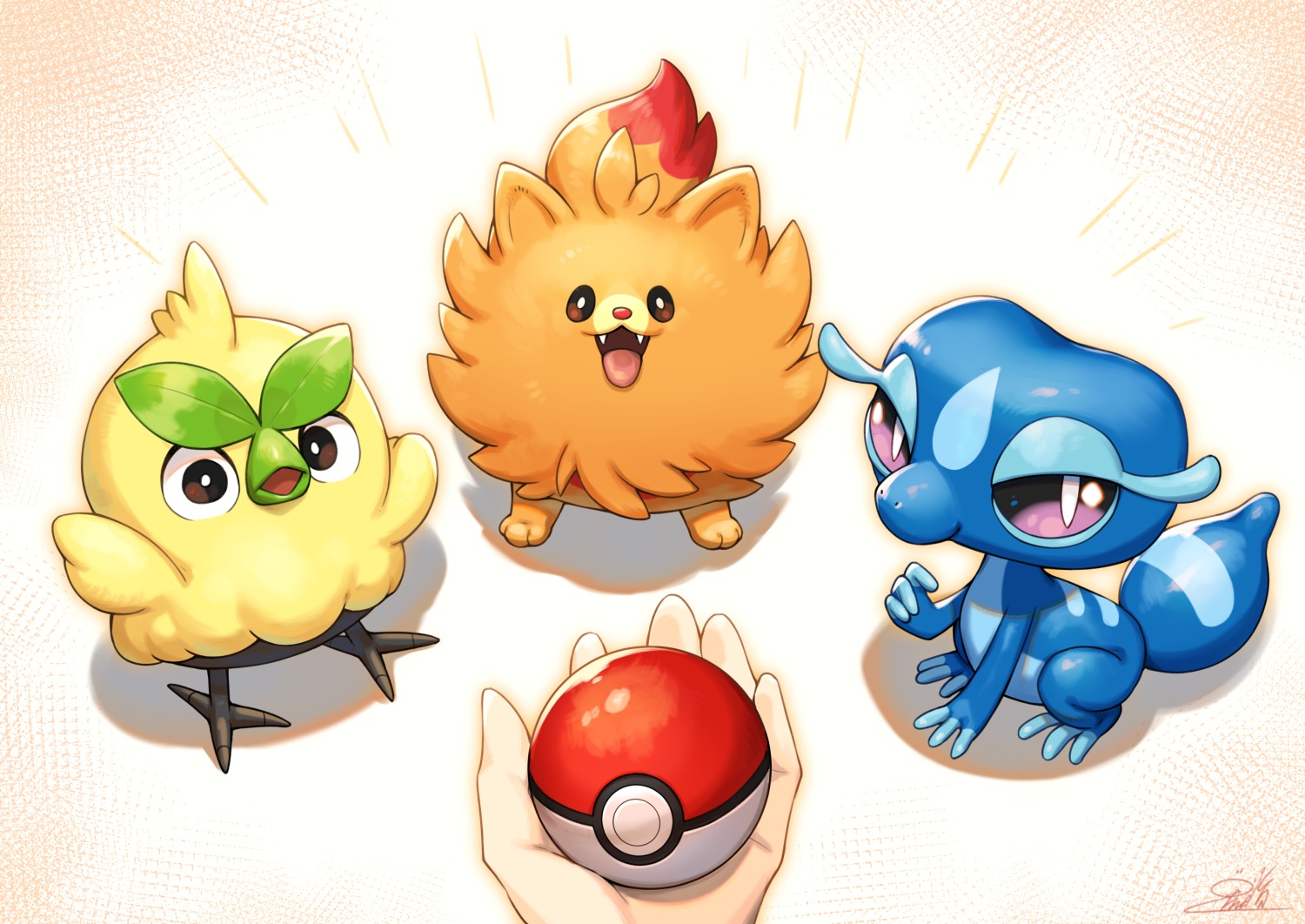 animal, ball, bird, brown_eyes, browt, cat_smile, dog, fang, gecqua, kemonomichi_(blue_black), no_humans, pokemon, pombon, purple_eyes, signed
