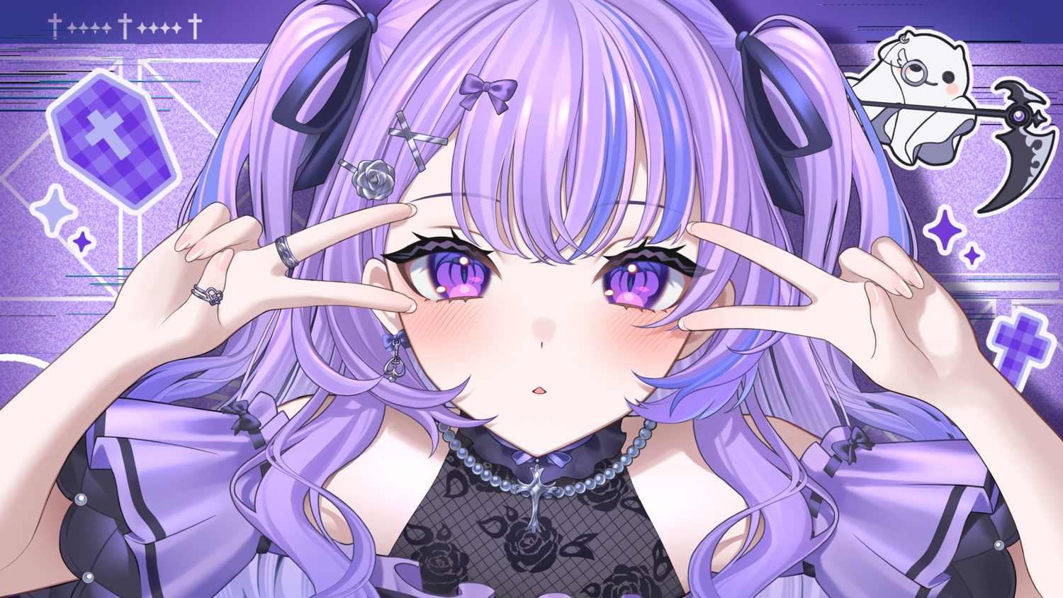 blush, bow, close, long_hair, luminaria_pro, maimiya_rinne, mui_maru, necklace, purple, purple_eyes, purple_hair, twintails