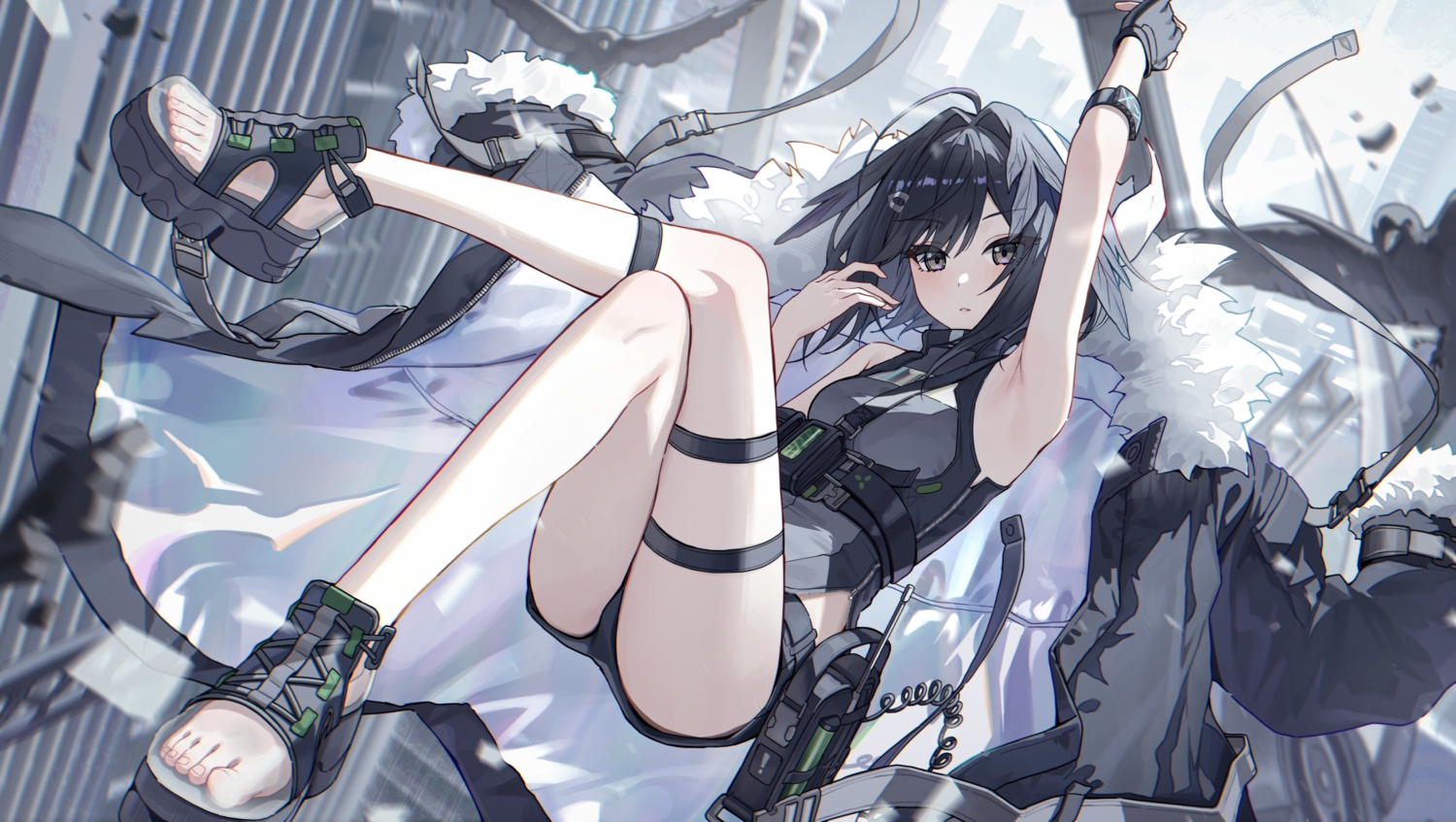 animal, arknights, bird, black_eyes, black_hair, building, city, garter