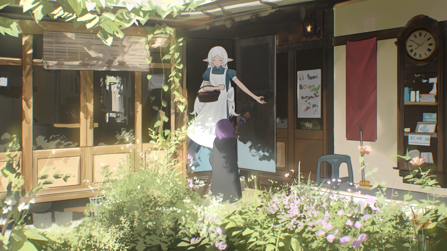 2girls, apron, building, dress, fern_(sousou_no_frieren), flowers, food, frieren, fruit, hood, leaves, long_hair, pointed_ears, purple_hair, scenic, shade, sousou_no_frieren, staff, takoyoomi, white