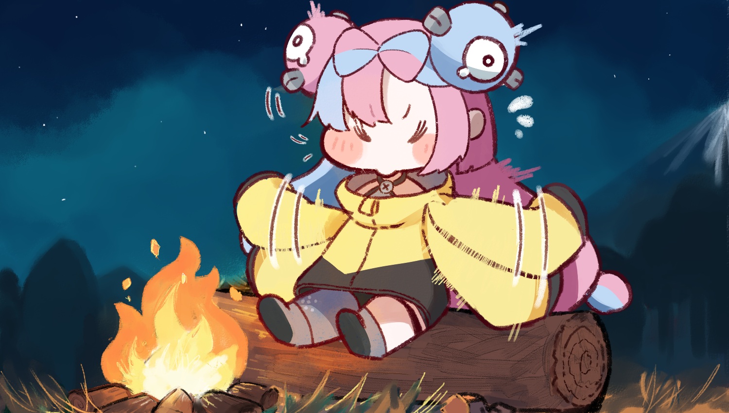 blush, chibi, fire, grass, long_hair, nanjamo_(pokemon), night, pokemon