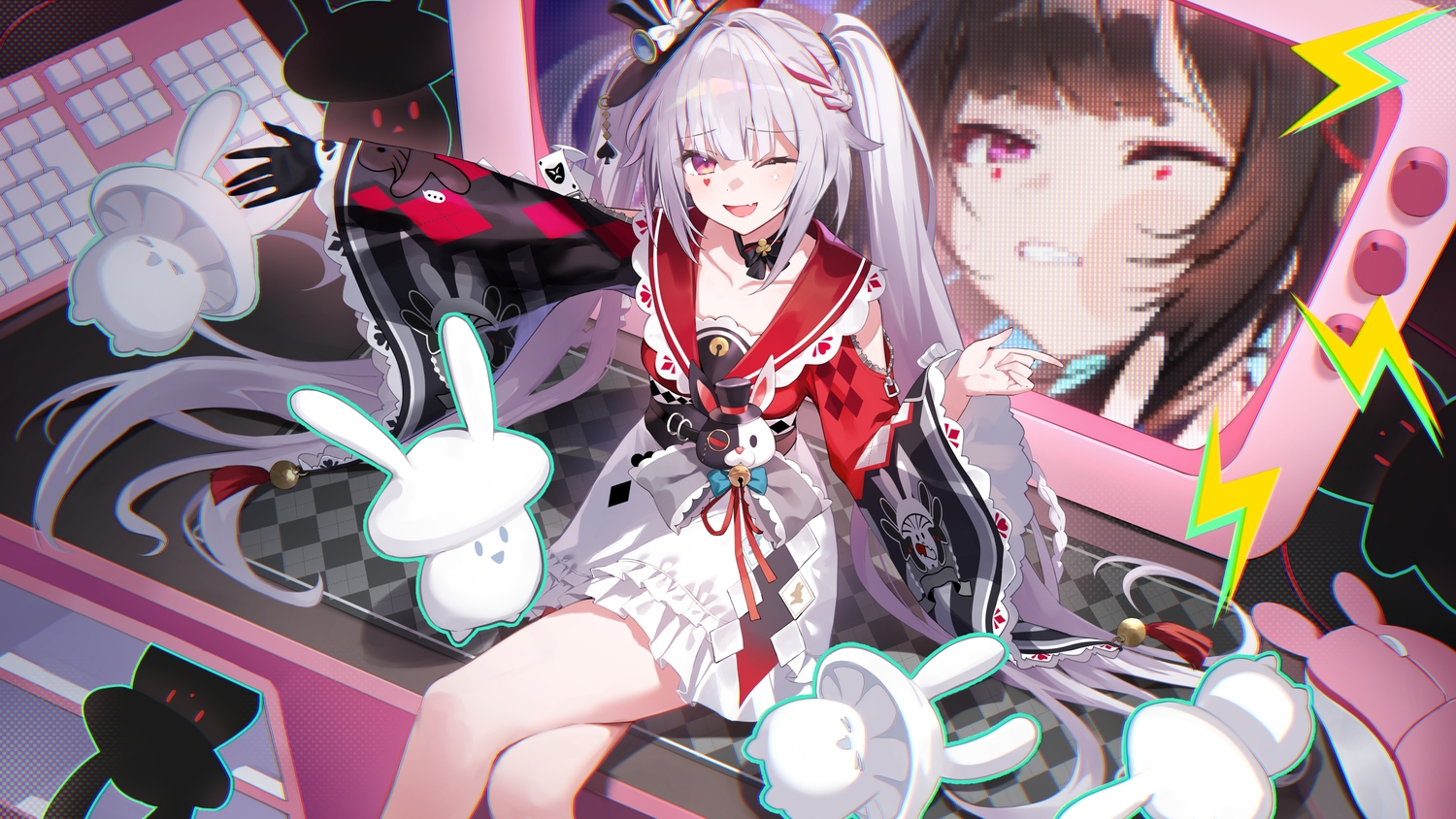 amagasa_yun, bow, braids, fang, gloves, gray_hair, hat, honkai_(series)