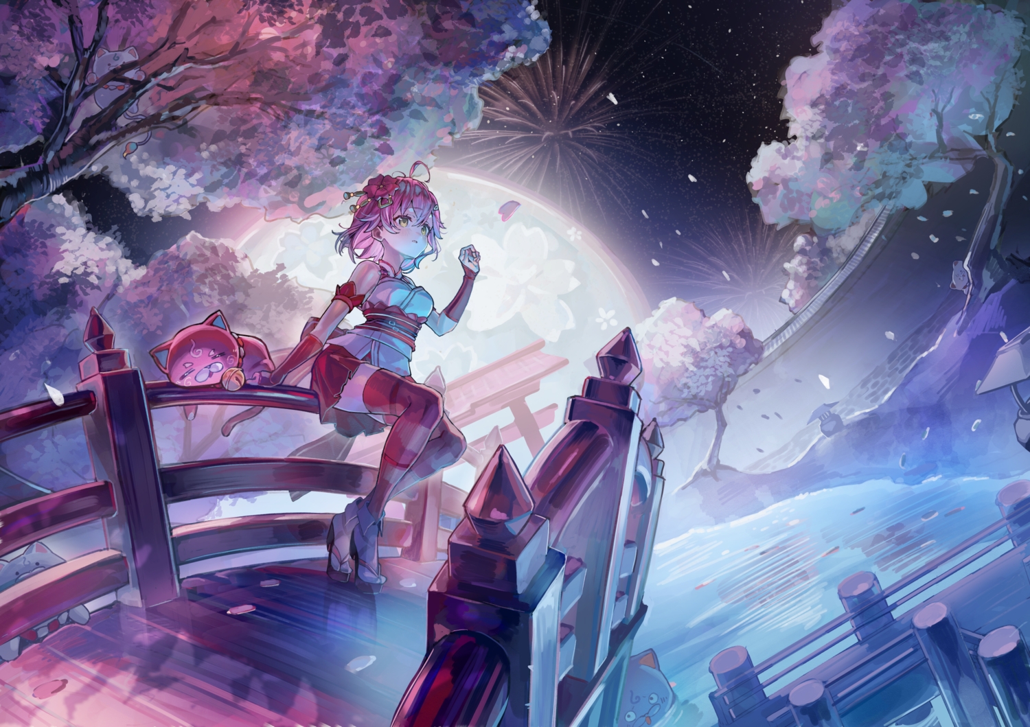 animal, cat, cherry_blossoms, fireworks, flowers, hololive, japanese_clothes, makigaihe