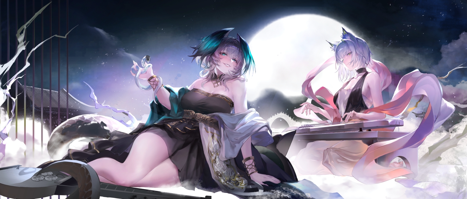 2girls, aliasing, animal, animal_ears, aqua_eyes, arknights, catgirl, clouds