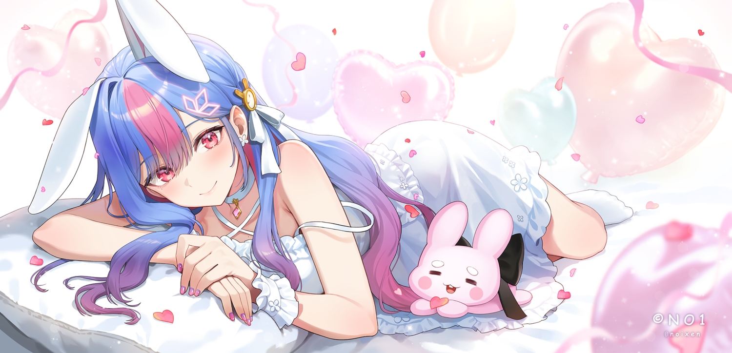 animal_ears, bing_hayu, blue_hair, bow, bunny, bunny_ears, bunnygirl, choker