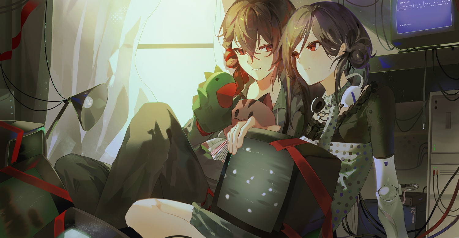 2girls, brown_hair, computer, dress, headphones, mayo_(cocoacat19), original, red_eyes