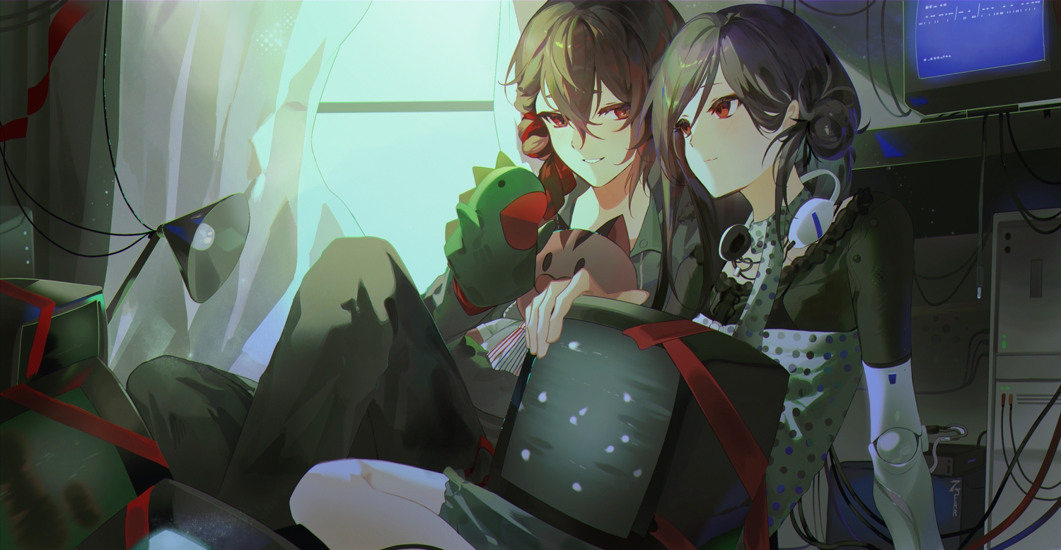 2girls, brown_hair, computer, dress, headphones, mayo_(cocoacat19), original, red_eyes