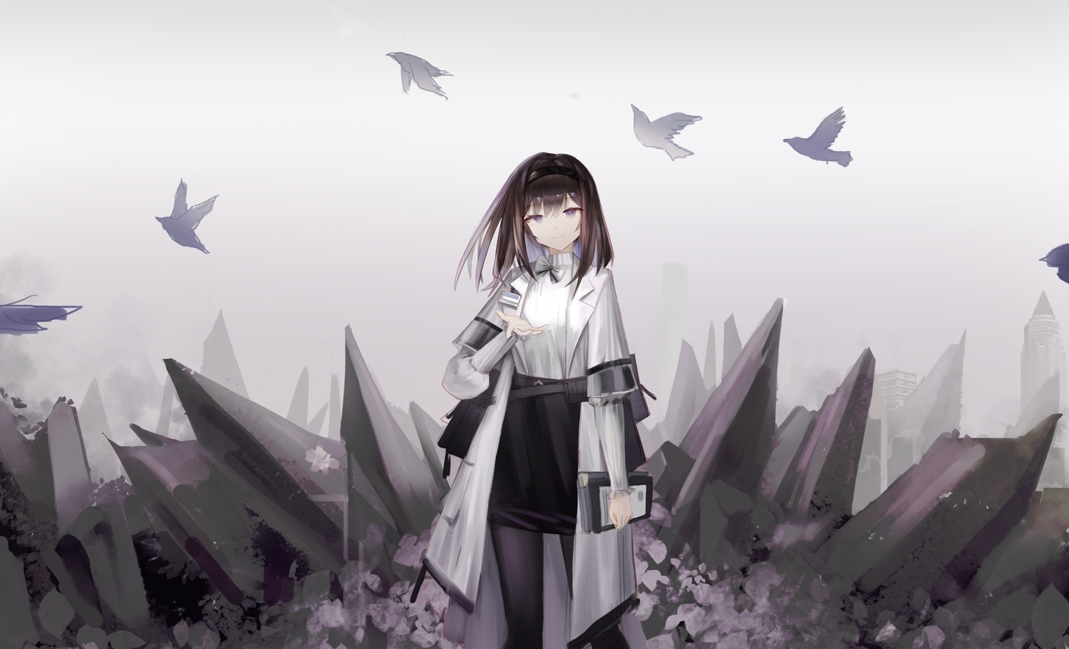 animal, arknights, bird, brown_hair, headband, pantyhose, priestess_(arknights), purple_eyes