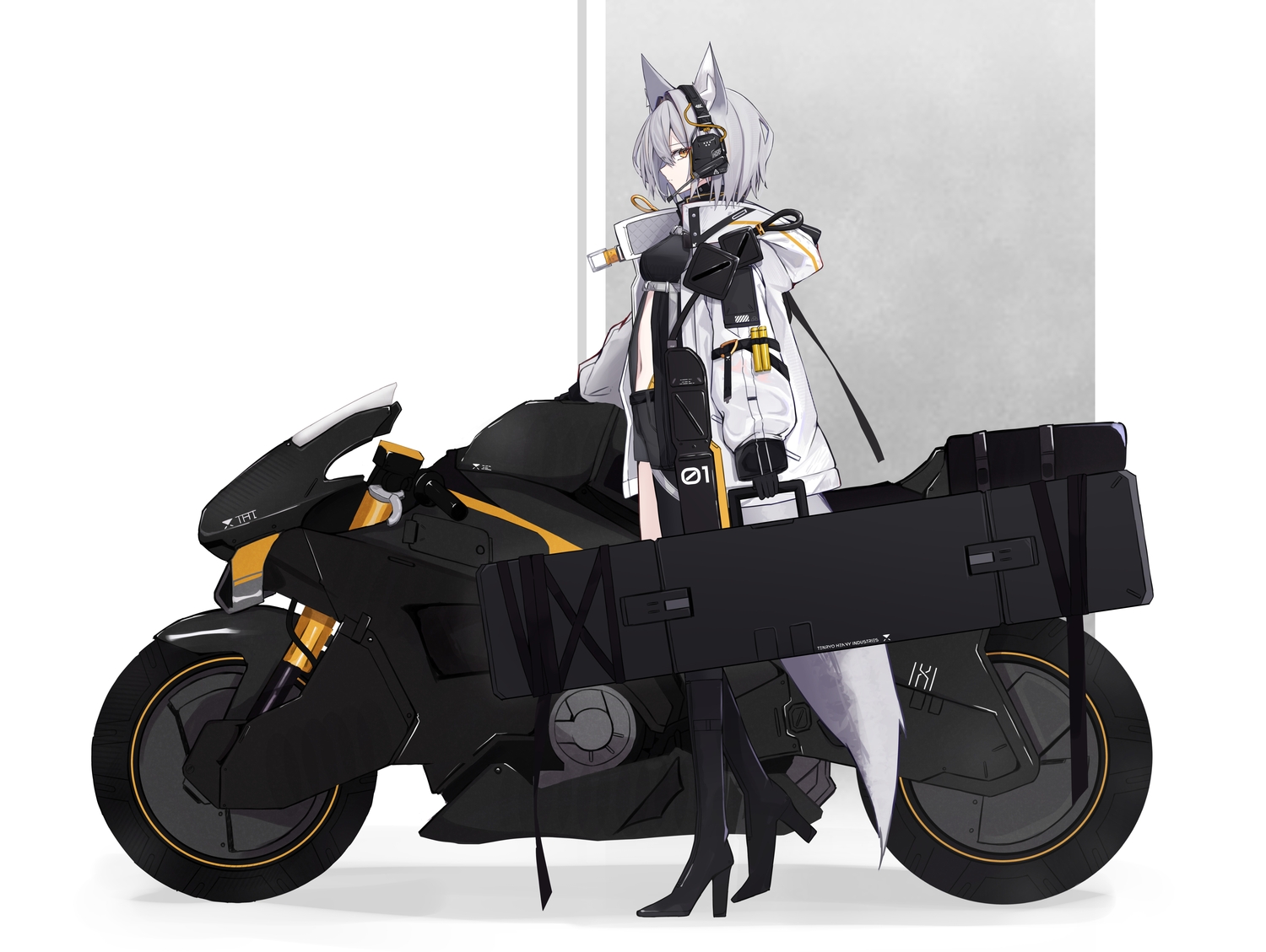 animal_ears, gloves, gray_hair, headphones, motorcycle, navel, original, short_hair, shorts, tail, touko_(toko12_tooko), white
