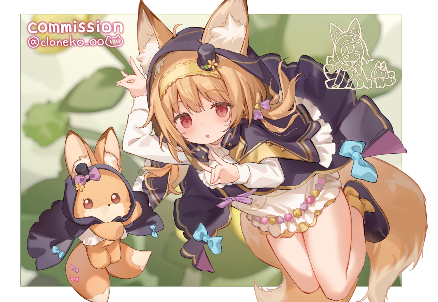 animal, anthropomorphism, blonde_hair, blush, bow, cape, cloneko_(zelmeledf2), dress