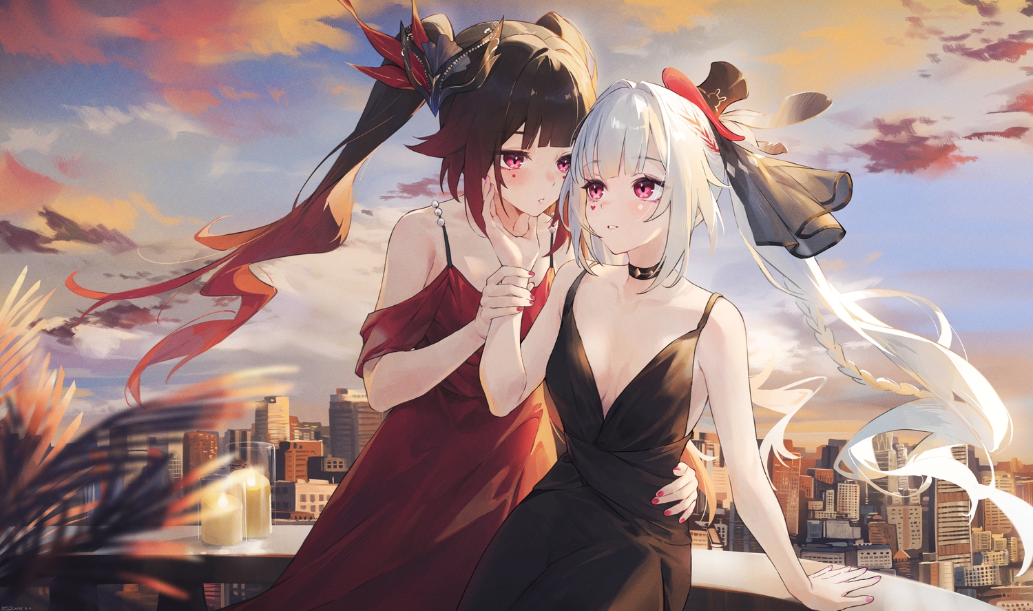 2girls, blush, braids, brown_hair, building, choker, city, close