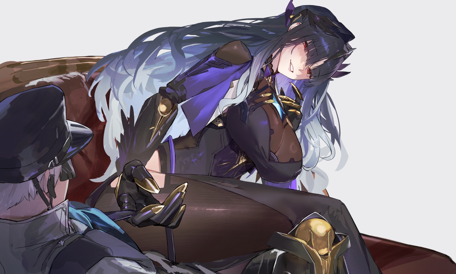 black_hair, blush, bodysuit, breasts, commandant_(pgr), gloves, hat, long_hair, male, nirvatia_(pgr), punishing:_gray_raven, red_eyes, tie, yakihoko