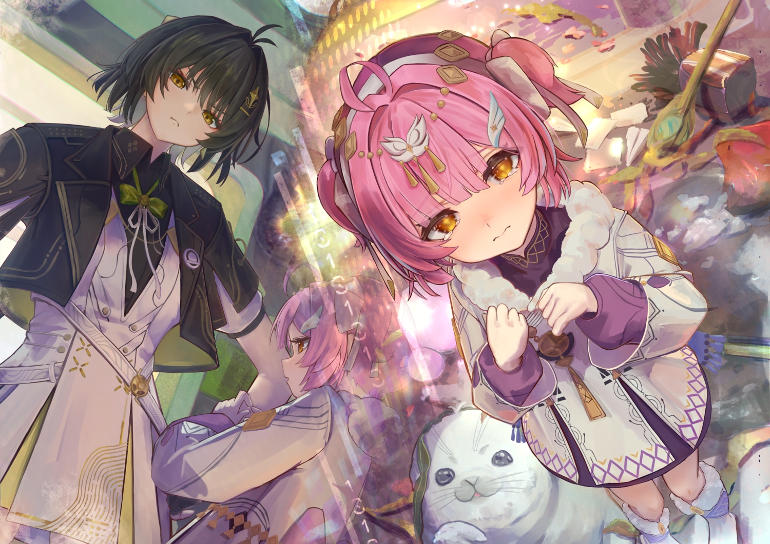 2girls, aemeath_(wuthering_waves), black_hair, bow, brown_eyes, female_rover_(wuthering_waves), gloves, headband