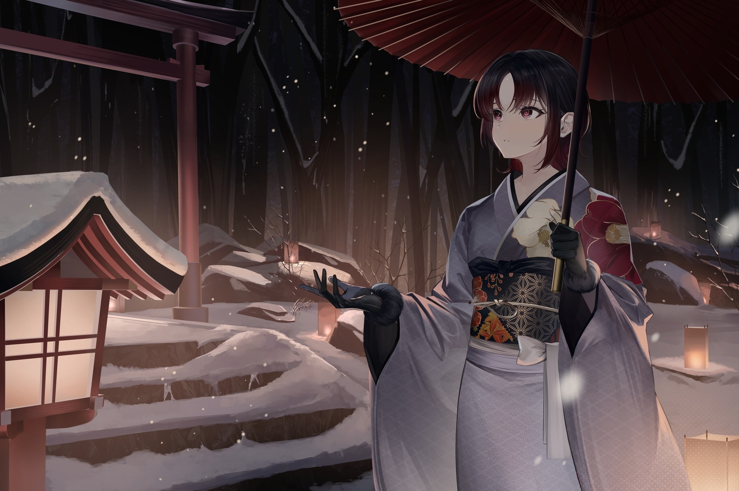 brown_hair, forest, gloves, japanese_clothes, kimono, kisaragi_ren_(vtuber), night, pink_eyes, snow, stairs, tenmu_miyabi, tree, umbrella, vspo!, winter