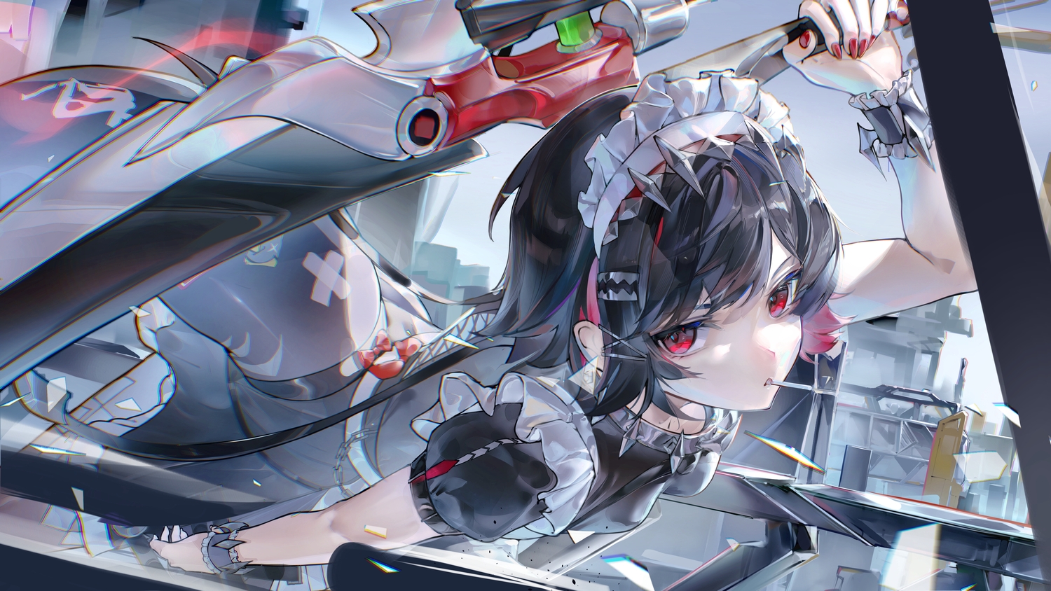 black_hair, close, ellen_joe, headband, maid, nielc27, red_eyes, short_hair, sword, tail, weapon, wristwear, zenless_zone_zero