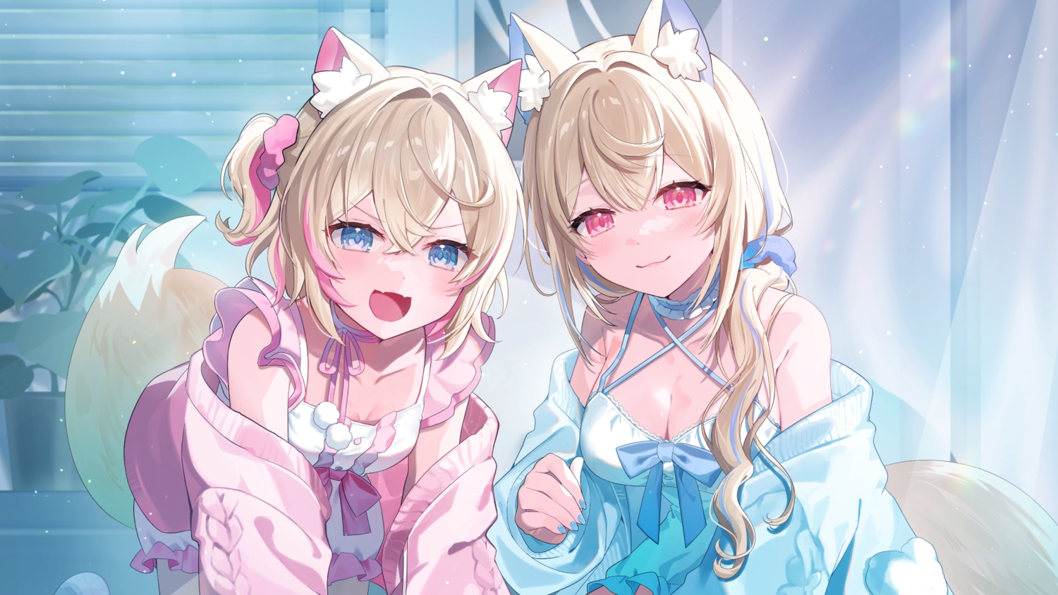 2girls, animal_ears, blonde_hair, blue_eyes, bow, breasts, cleavage, doggirl