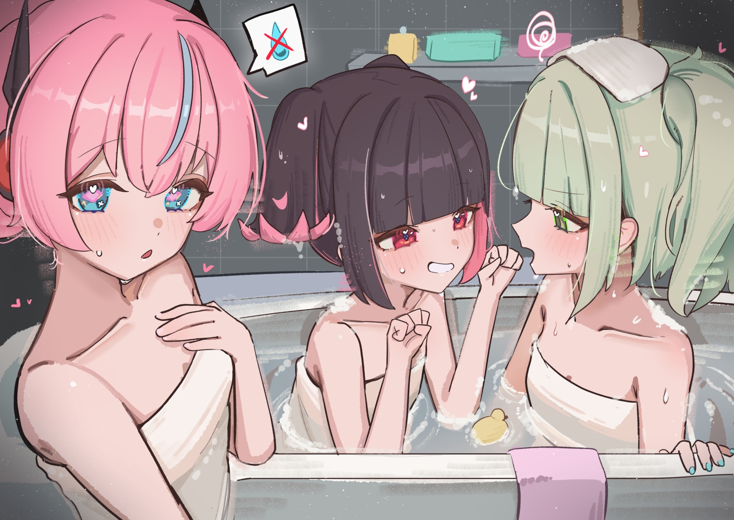 aqua_eyes, aria_(zenless_zone_zero), bath, bathtub, black_hair, blush, flat_chest, green_eyes, green_hair, high_(hgih), nangong_yu, pink_hair, ponytail, red_eyes, rubber_duck, short_hair, sunna_(zenless_zone_zero), towel, twintails, water, zenless_zone_zero