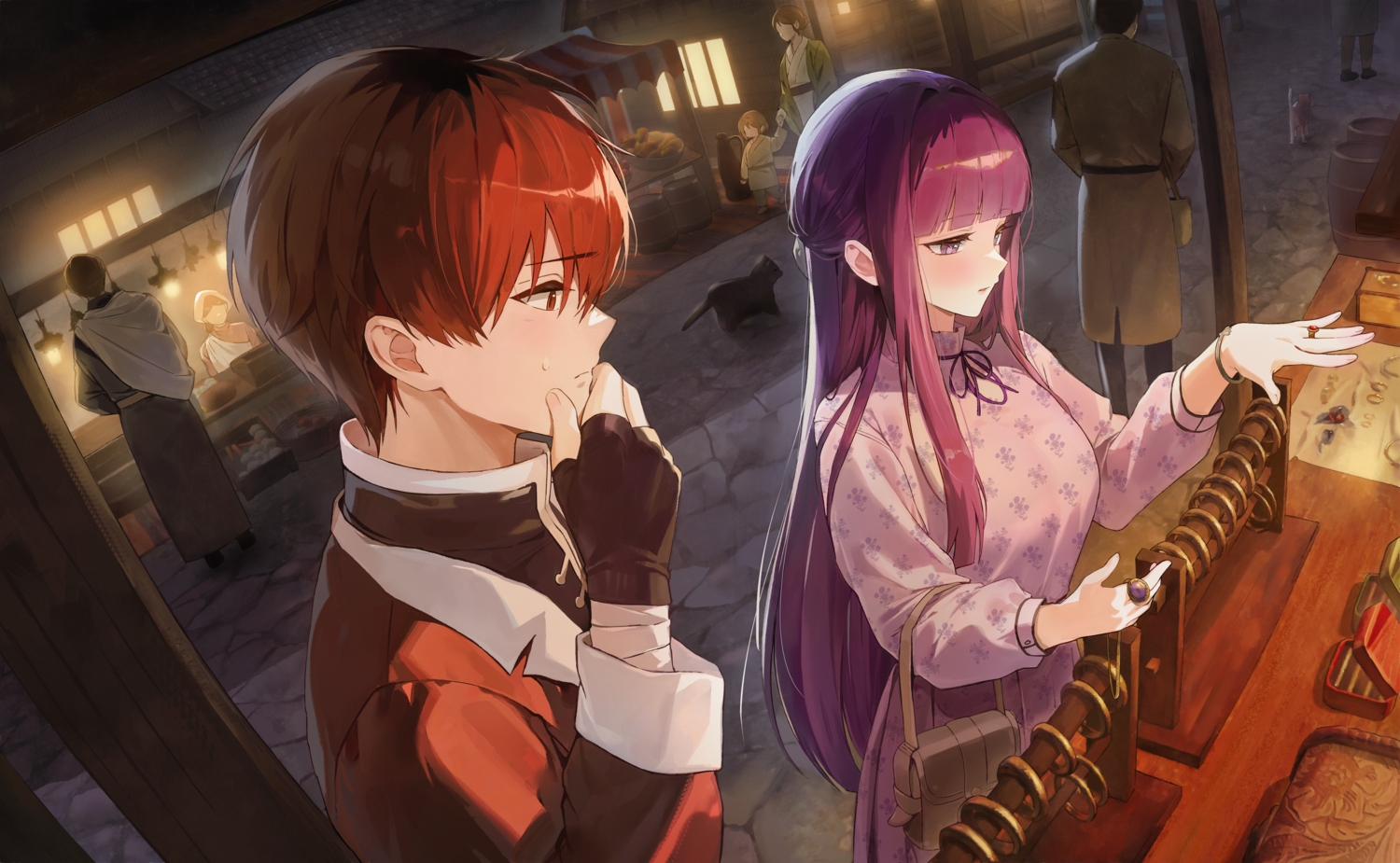 animal, building, cat, fern_(sousou_no_frieren), gloves, long_hair, male, night