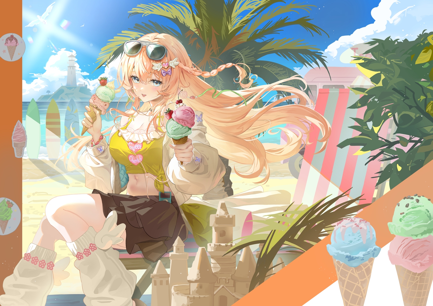 a999212, blonde_hair, blue_eyes, blush, braids, car, clouds, food