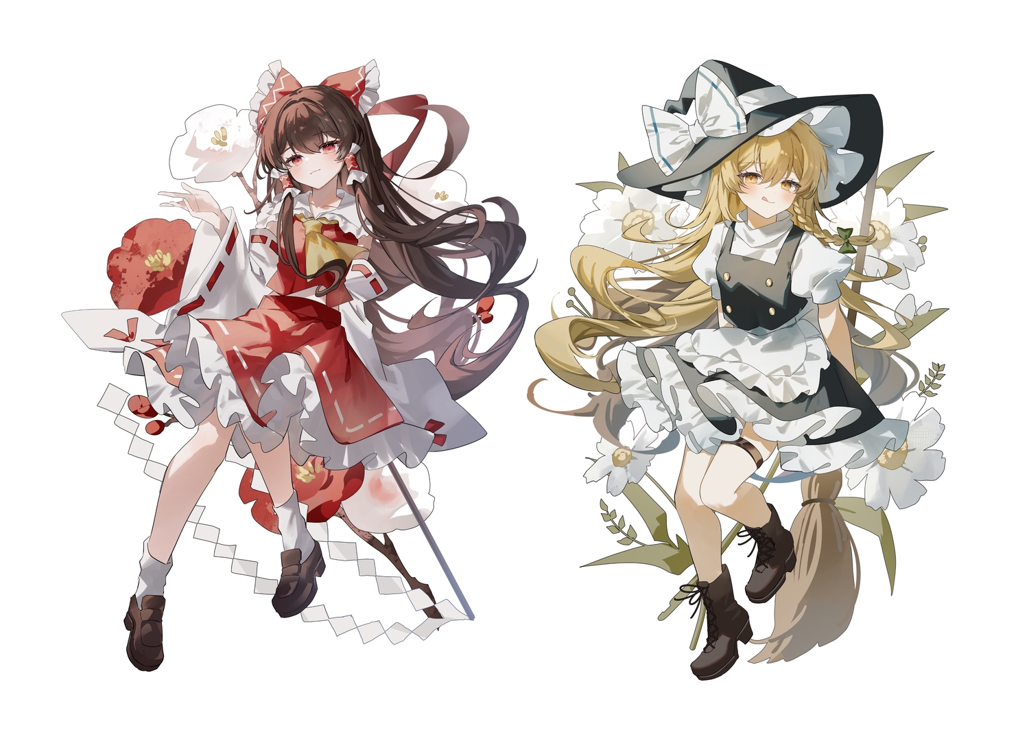 2girls, blonde_hair, boots, bow, braids, brown_hair, flowers, garter