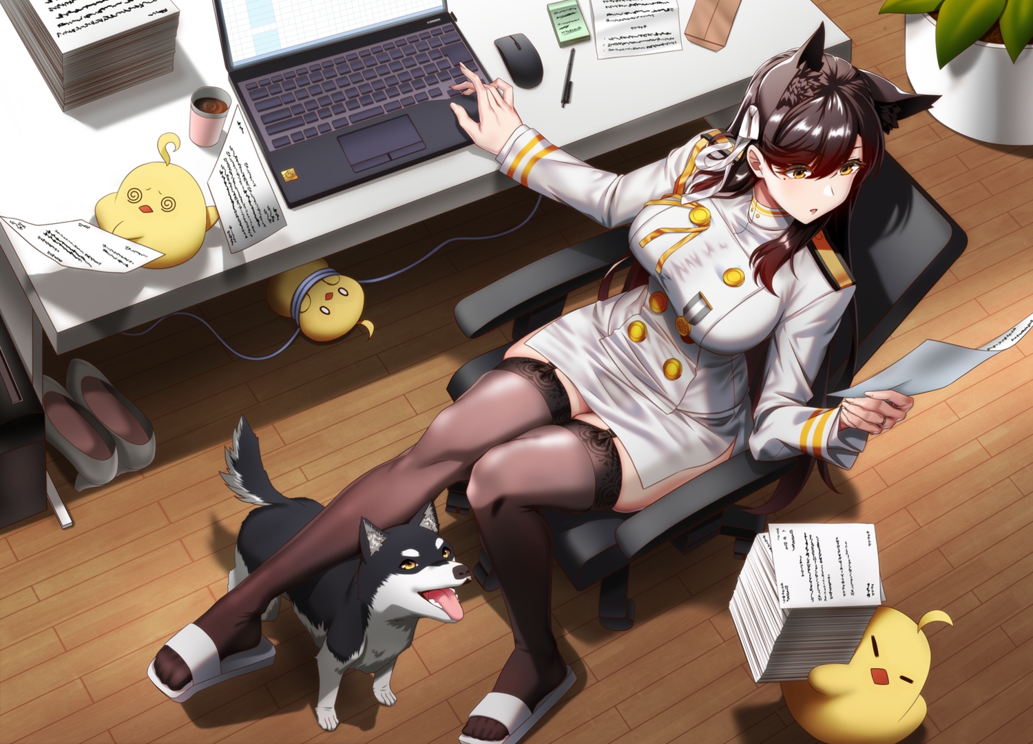 animal, animal_ears, anthropomorphism, atago_(azur_lane), azur_lane, bird, brown_hair, computer
