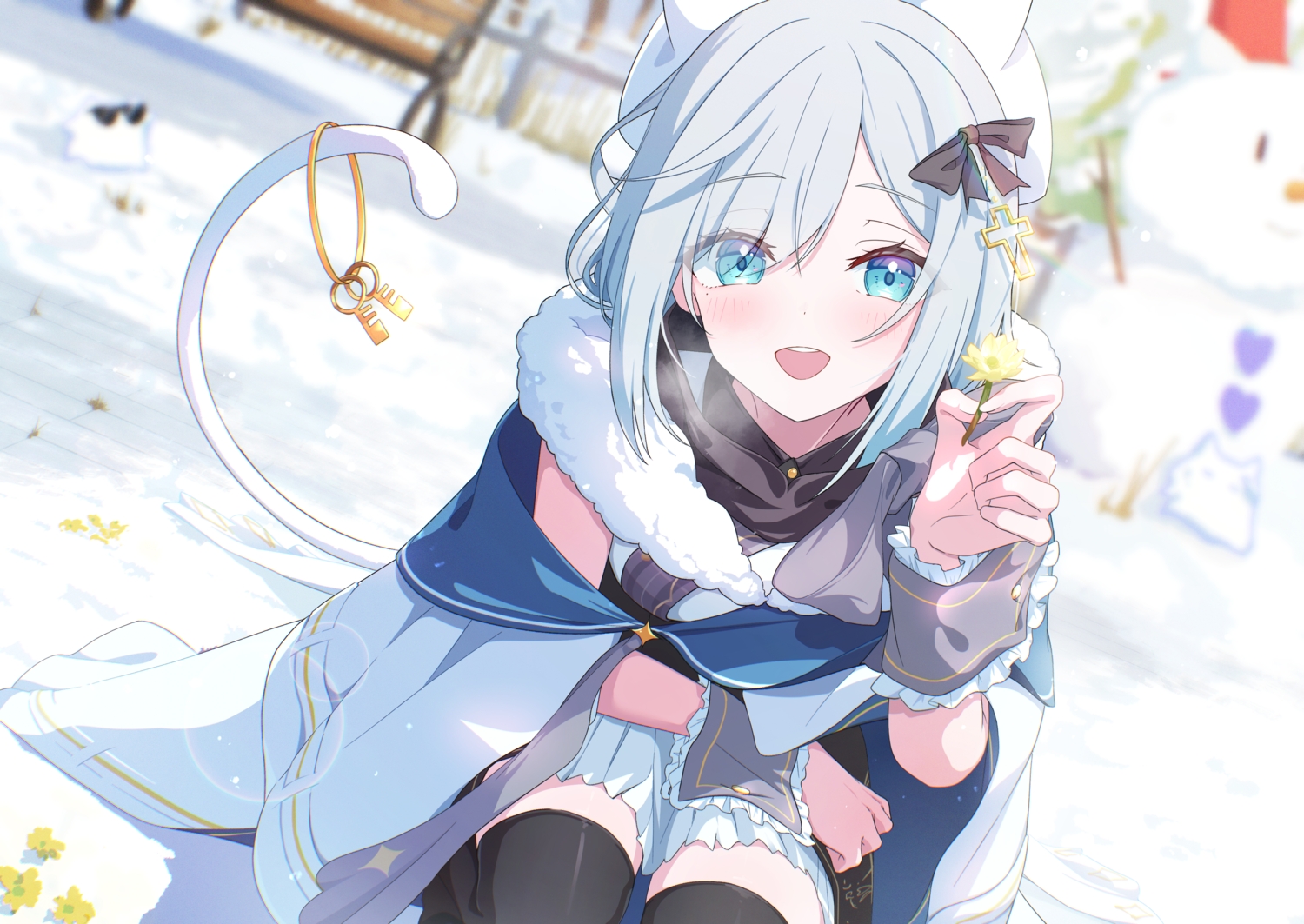 aqua_eyes, blush, bow, cape, cross, flowers, gray_hair, hat, kaga_sumire, snow, snowman, spice_mega, tail, thighhighs, vspo!, winter