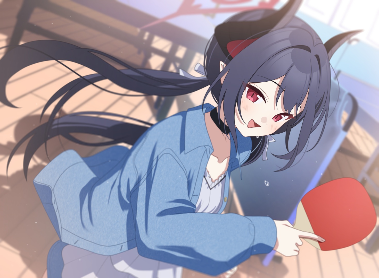 black_hair, blue_archive, blush, choker, close, dress, halo, horns