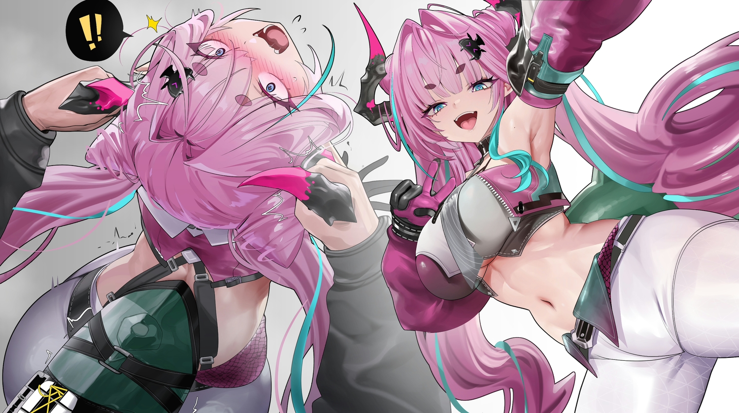 aliasing, arknights, arknights:_endfield, blue_eyes, fang, gloves, horns, long_hair, navel, pink_hair, tail, teddypocky, twintails, yvonne_(arknights)