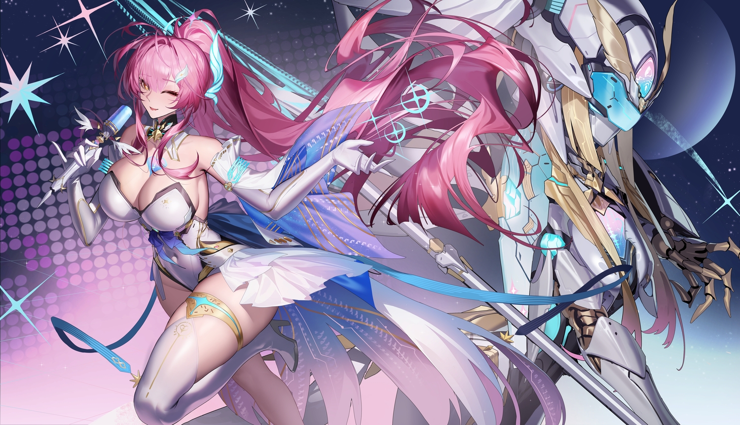aemeath_(wuthering_waves), boots, breasts, cleavage, dress, elbow_gloves, exostrider_(wuthering_waves), garter, gloves, long_hair, mecha, microphone, orange_eyes, pink_hair, ponytail, rib_(rib_delesetong), thighhighs, wink, wuthering_waves