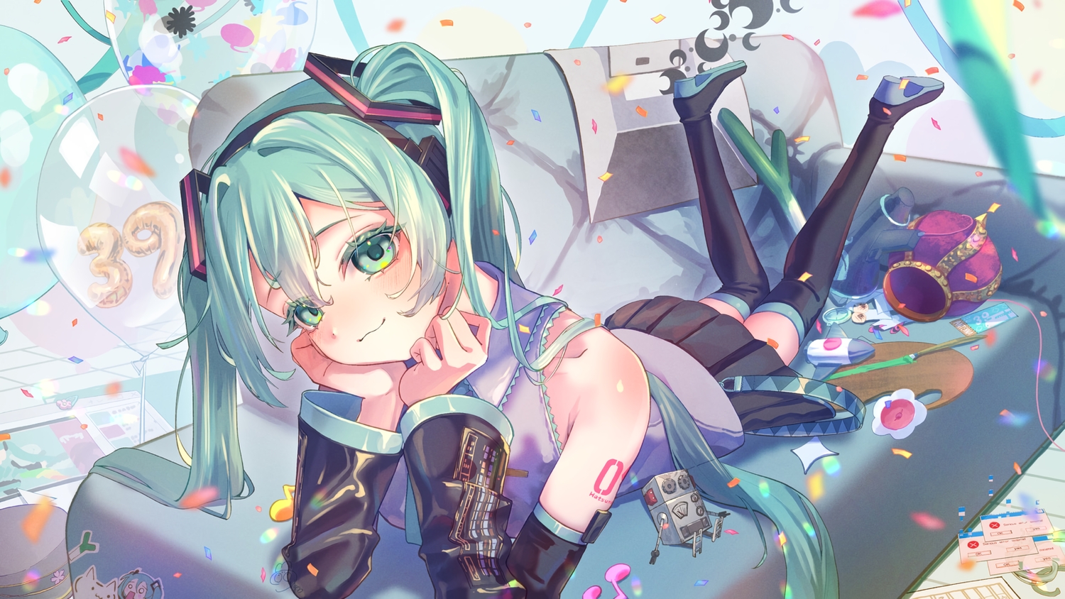 114_usamaro, aqua_eyes, aqua_hair, blush, boots, cat_smile, couch, hatsune_miku, headphones, long_hair, ribbons, skirt, tattoo, thighhighs, twintails, vocaloid, zettai_ryouiki