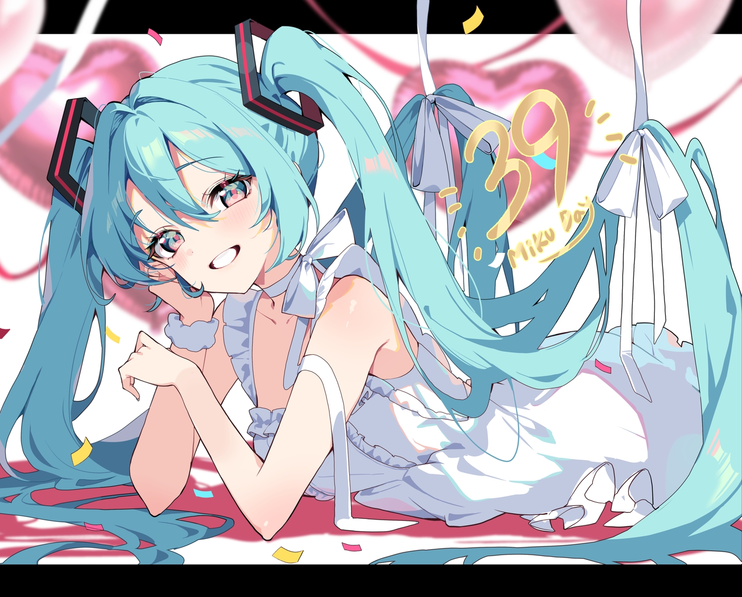 aqua_eyes, aqua_hair, blush, bow, choker, dress, hatsune_miku, long_hair